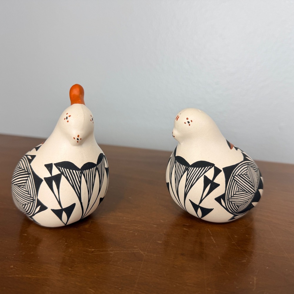 New Mexican Acoma Pueblo Pottery Quail Pair Signed Native American Art Bird